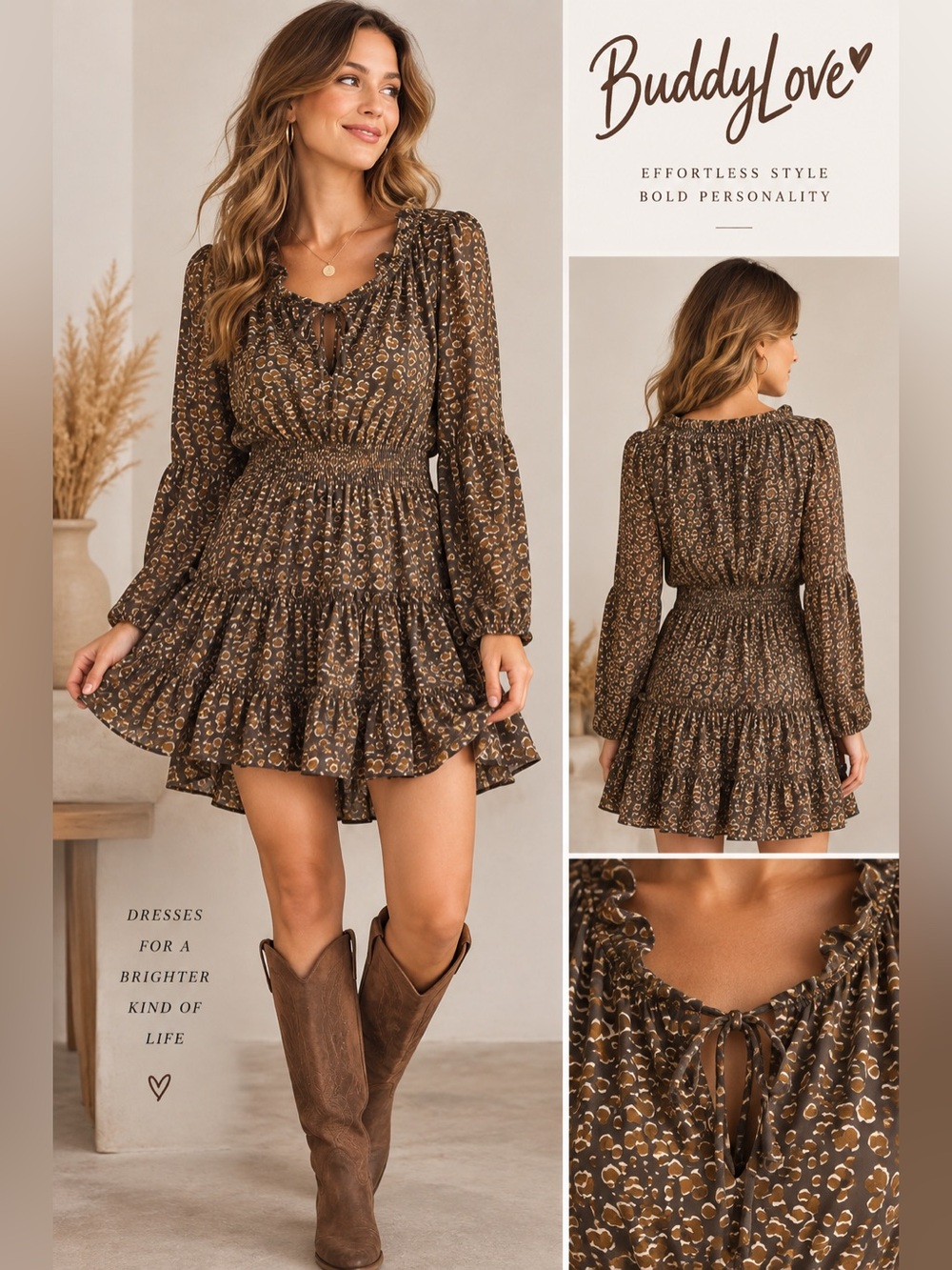 BuddyLove Brown Animal Print Long Sleeve Mini Dress Size Small Smocked Waist